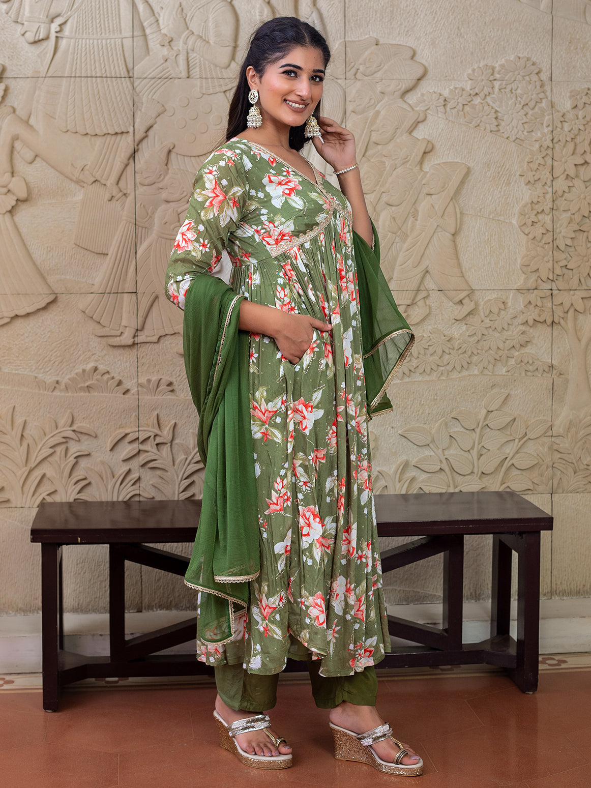 Green floral Printed Kurta Set
